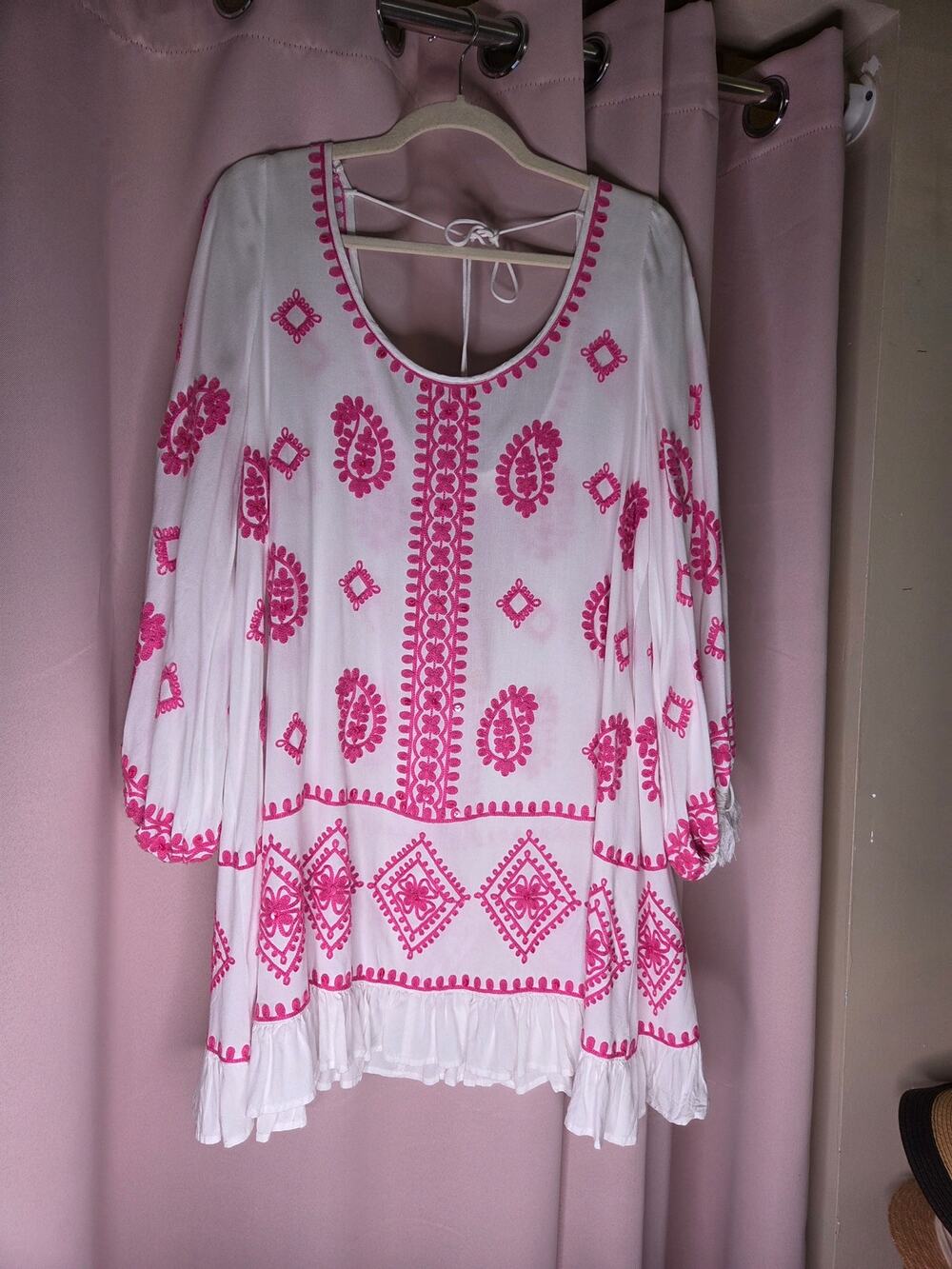 pink / white embroidered floppy sleeve beach cover dress
